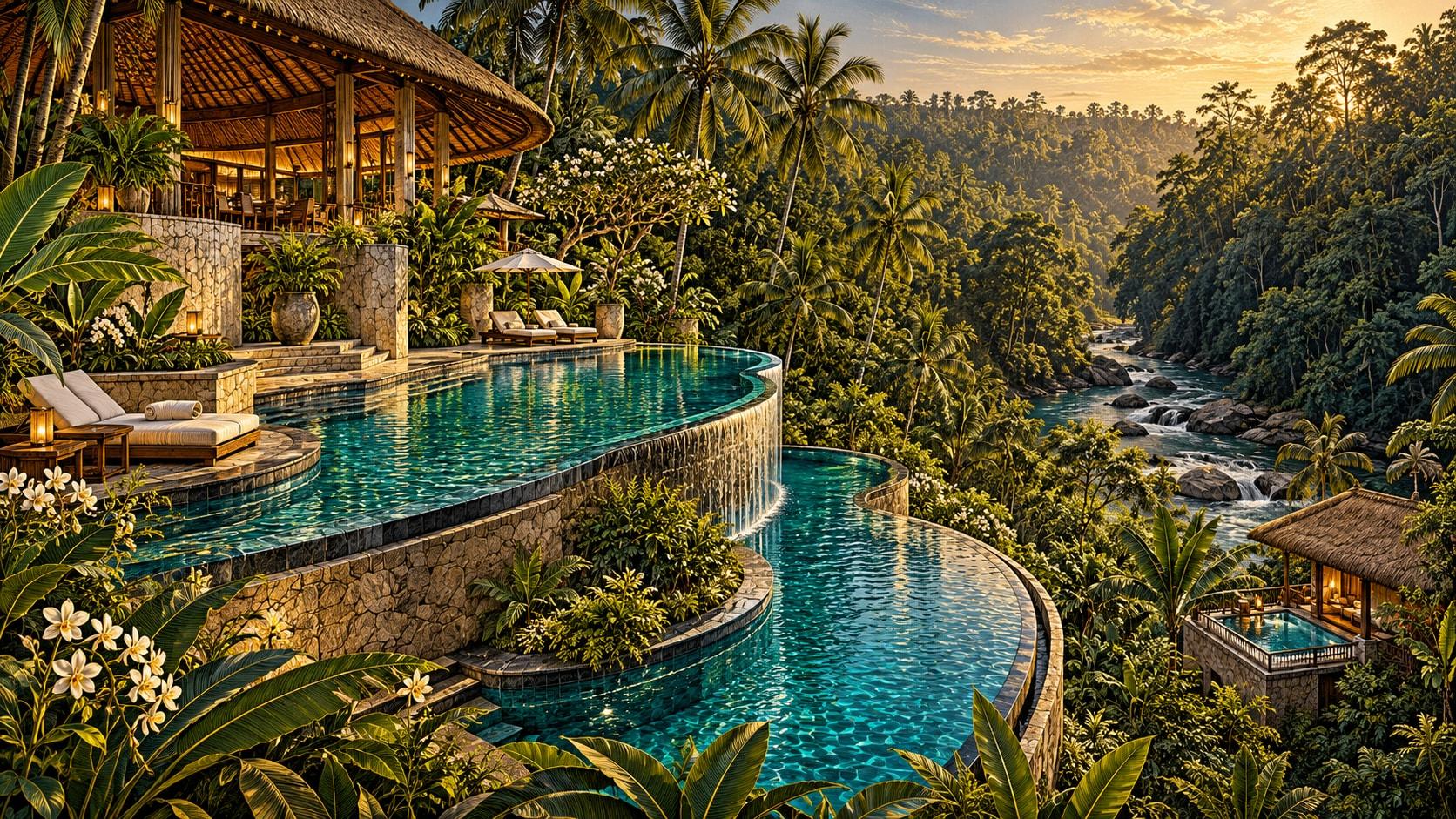 Illustration of Riverside Pools at Four Seasons Resort Bali at Sayan