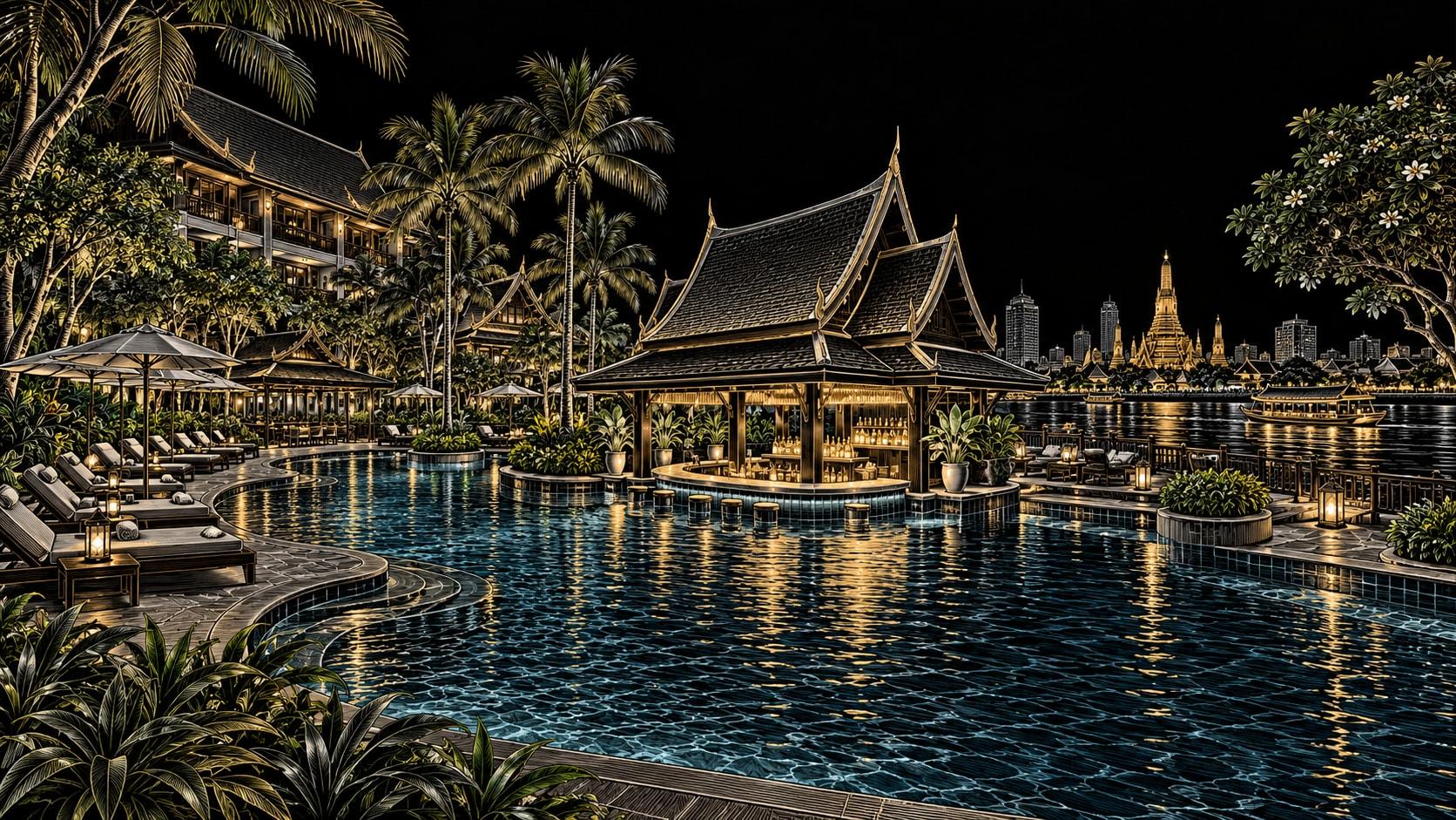 Illustration of Outdoor tropical resort pool and swim-up bar at Anantara Riverside Bangkok Resort