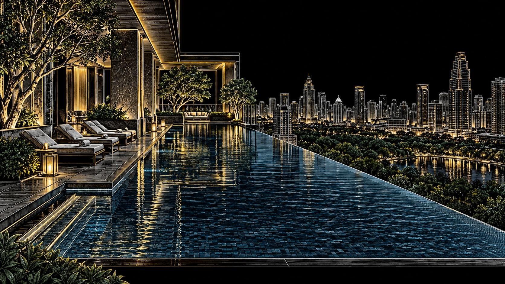 Illustration of 25-metre saltwater infinity pool on the ninth floor at Sindhorn Kempinski Hotel Bangkok
