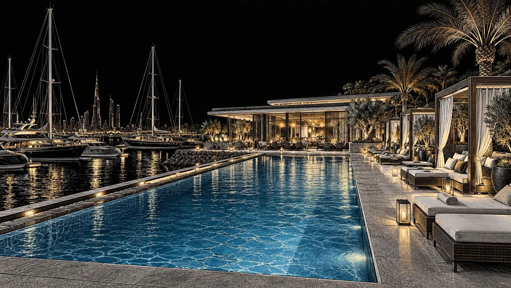 Illustration of Yacht Club Pool at Bulgari Resort Dubai