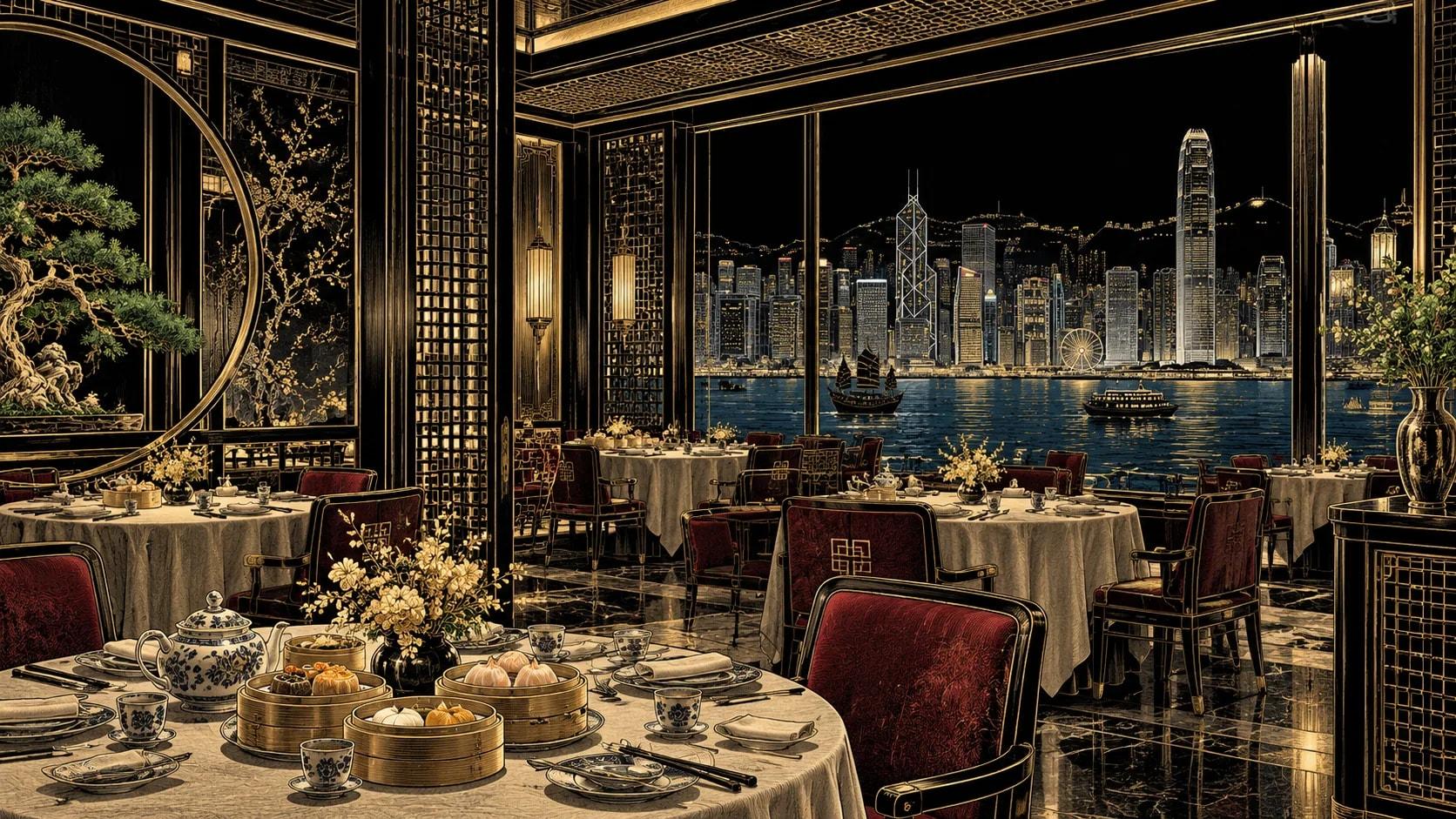 Illustration of Man Ho Chinese Restaurant dining scene