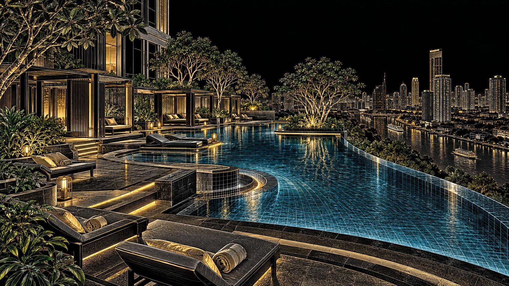 Illustration of Landscaped outdoor pool on the seventh floor at Conrad Bangkok