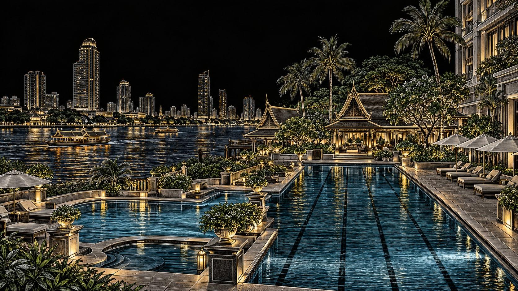 Illustration of Riverside 25-metre lap pool and relaxation pool at Mandarin Oriental, Bangkok