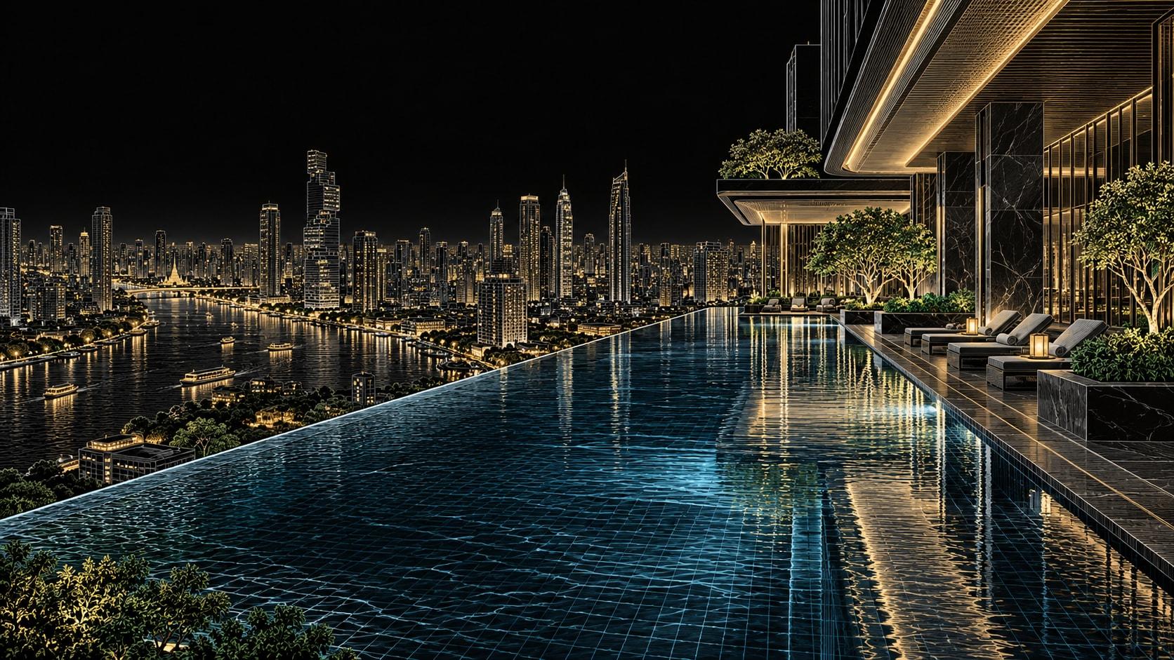 Illustration of 40-metre saltwater infinity pool on the ninth floor at Park Hyatt Bangkok