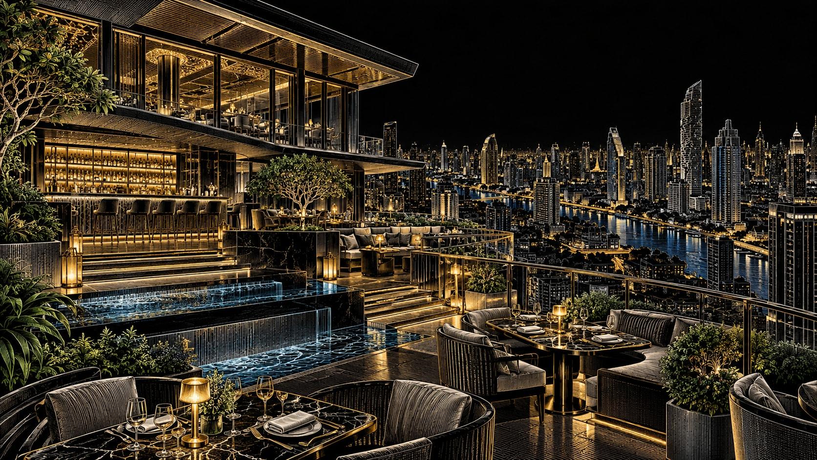 Illustration of Penthouse Bar + Grill dining scene