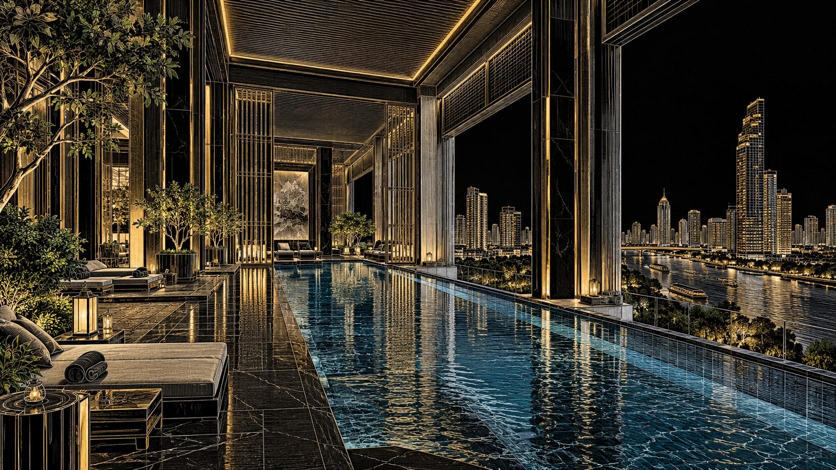 Illustration of Indoor-outdoor saltwater lap pool at Rosewood Bangkok