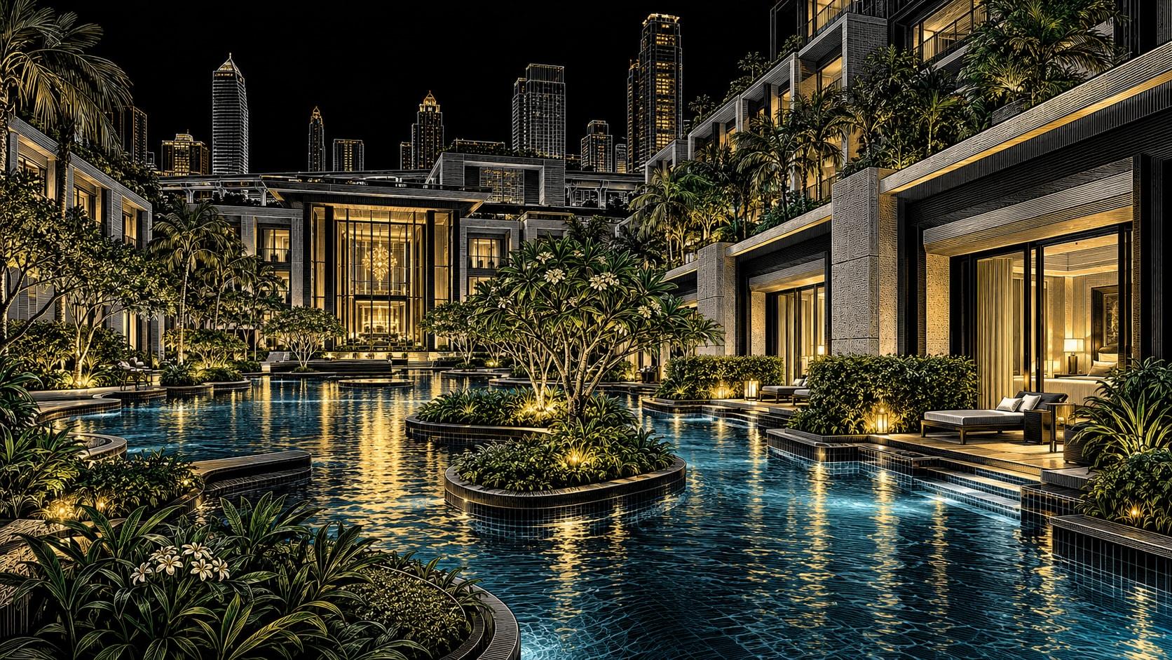 Illustration of Lagoon-style courtyard pools with direct pool access from selected ground-floor rooms at Siam Kempinski Hotel Bangkok