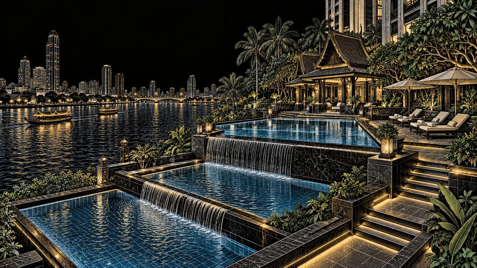 Illustration of Three-tiered riverside outdoor pool at The Peninsula Bangkok