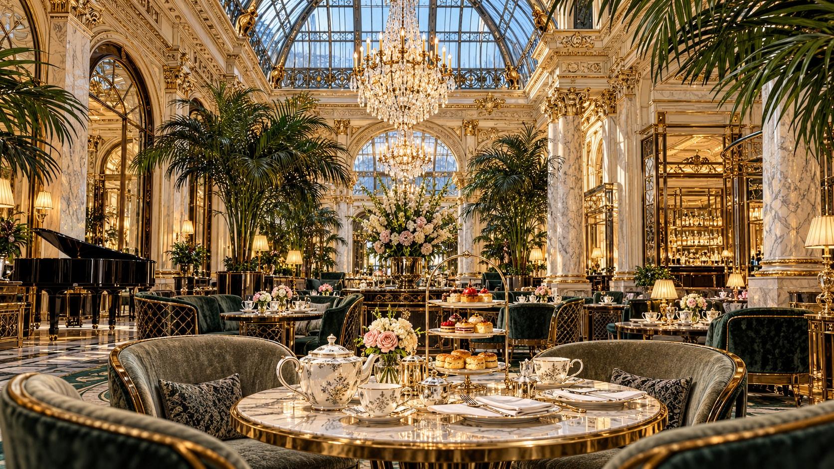 Illustration of Palm Court Afternoon Tea dining scene