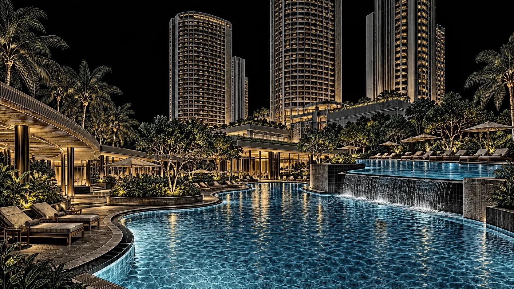 Illustration of Raffles City Outdoor Pools at Fairmont Singapore
