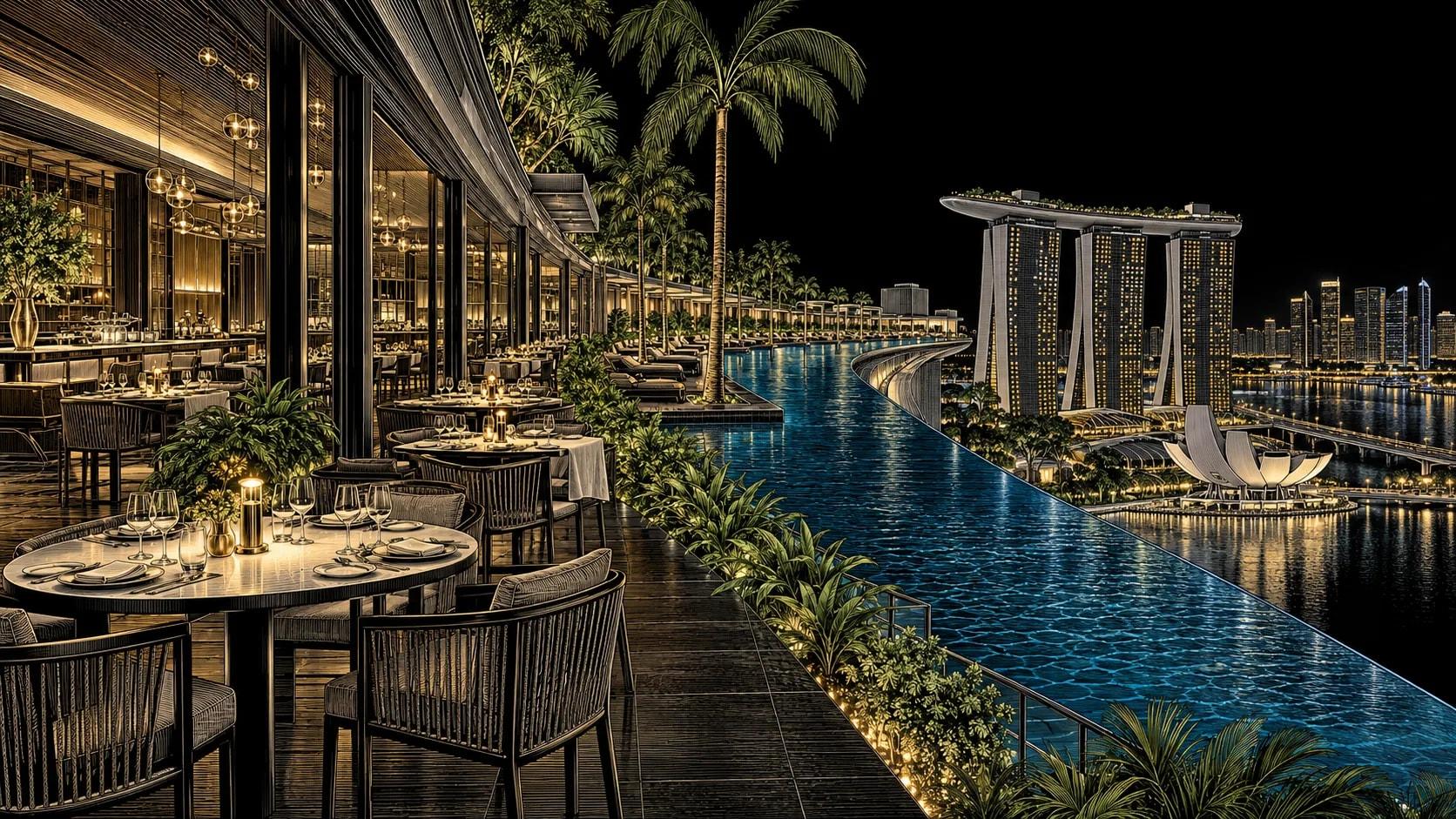 Illustration of Spago by Wolfgang Puck dining scene