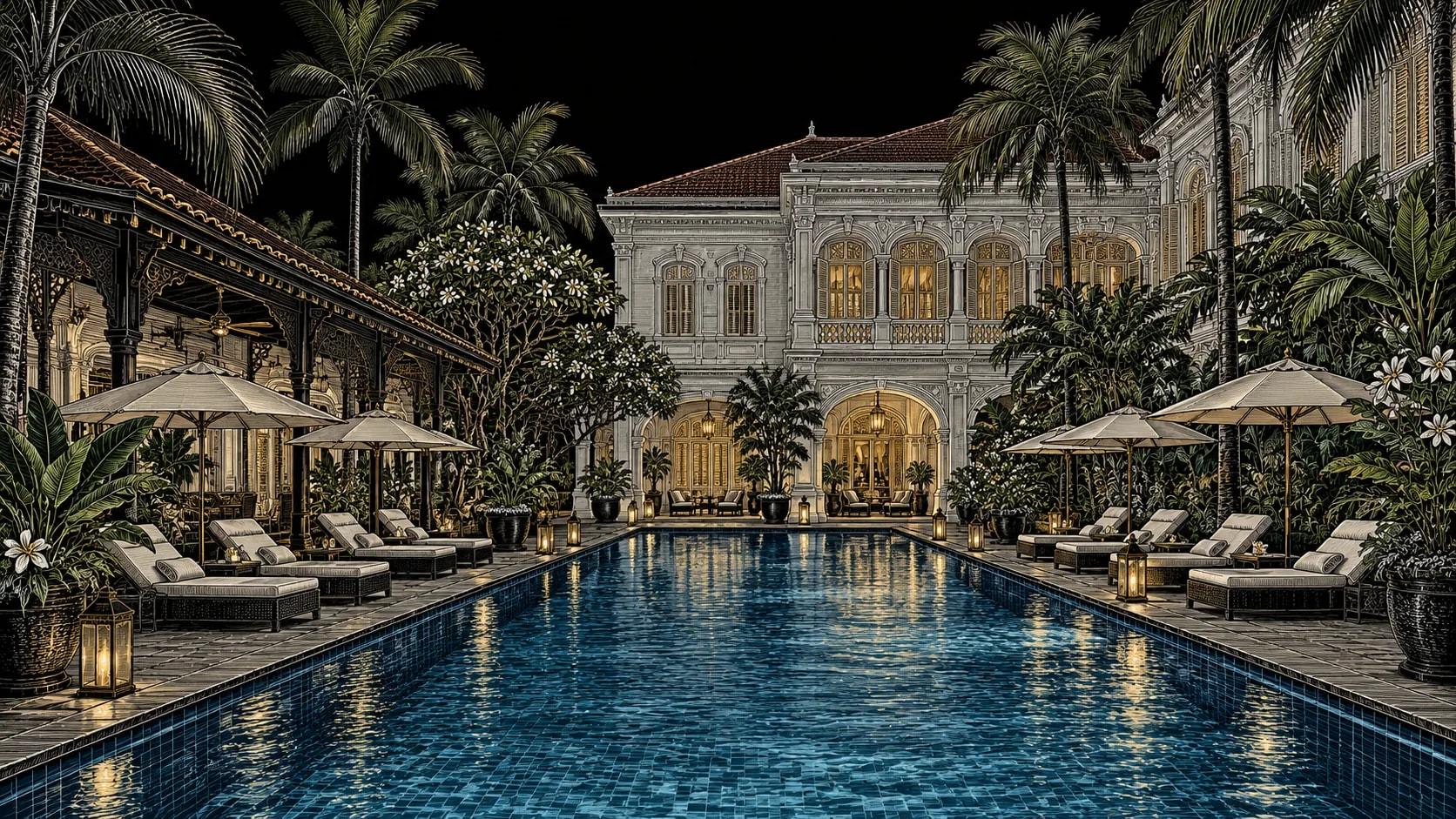 Illustration of Outdoor Pool at Raffles Singapore