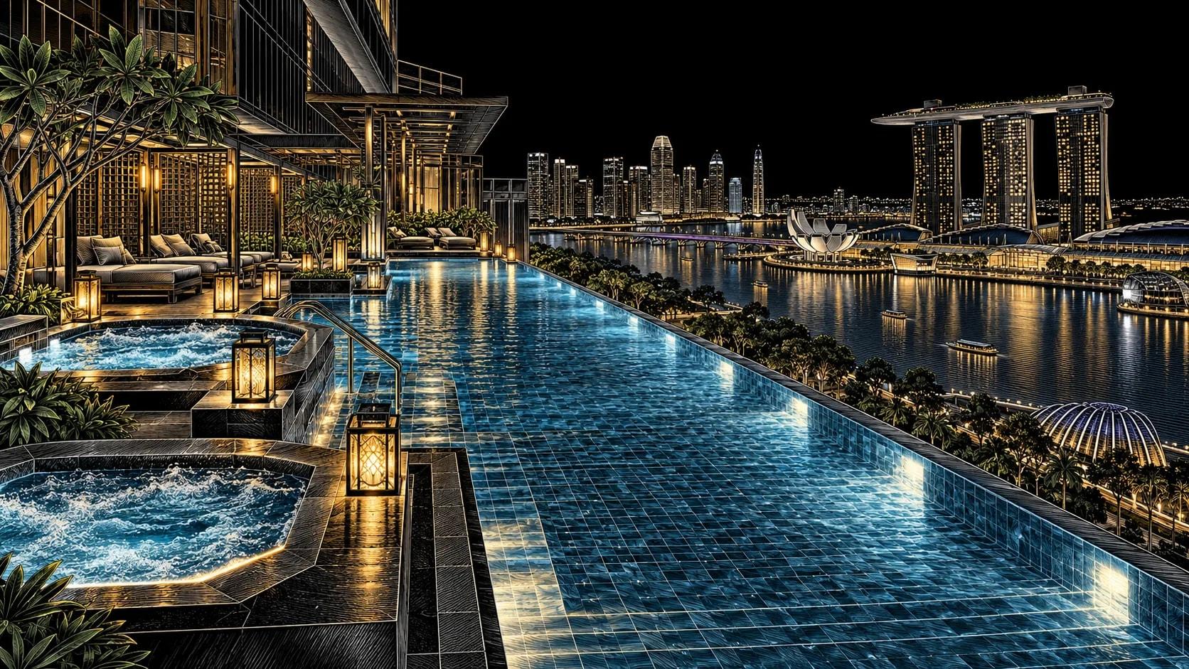 Illustration of Lantern Rooftop Pool at The Fullerton Bay Hotel Singapore